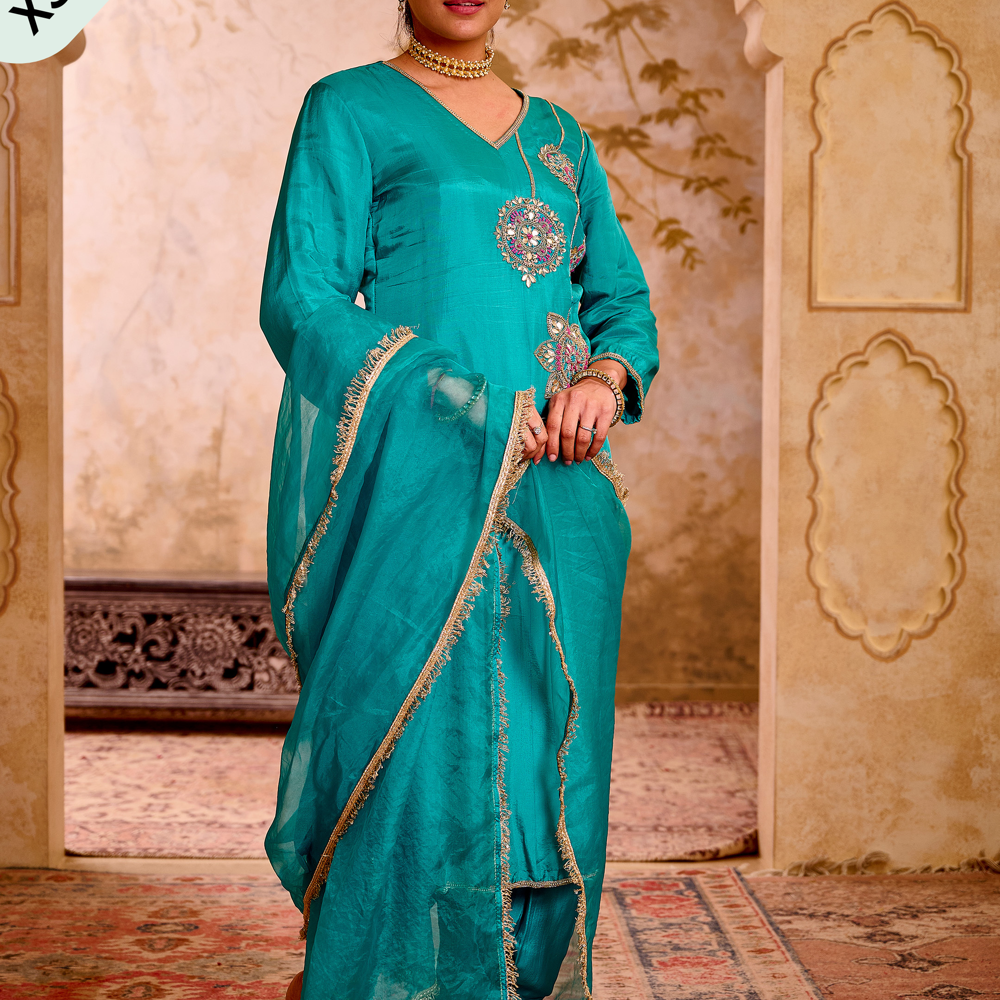 Sehej Teal Blue Hand Embroidered Suit Set