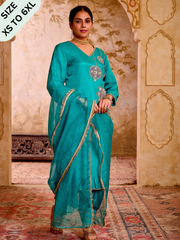 Sehej Teal Blue Hand Embroidered Suit Set