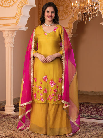 Kamal-E-Ishq mustard Hand Embroidered Silk Suit Set