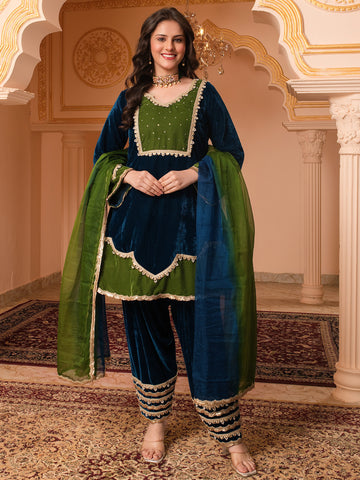 Peacock blue Velvet Suit Set