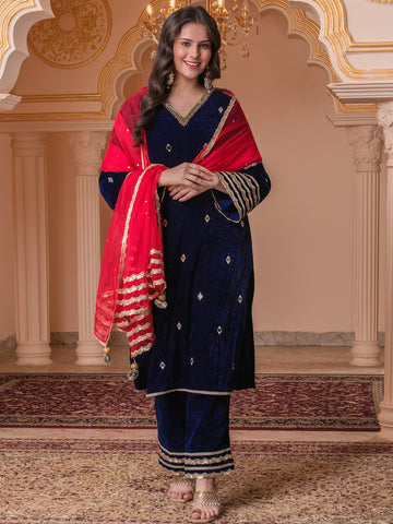 Navy blue Mirror work Velvet Suit Set