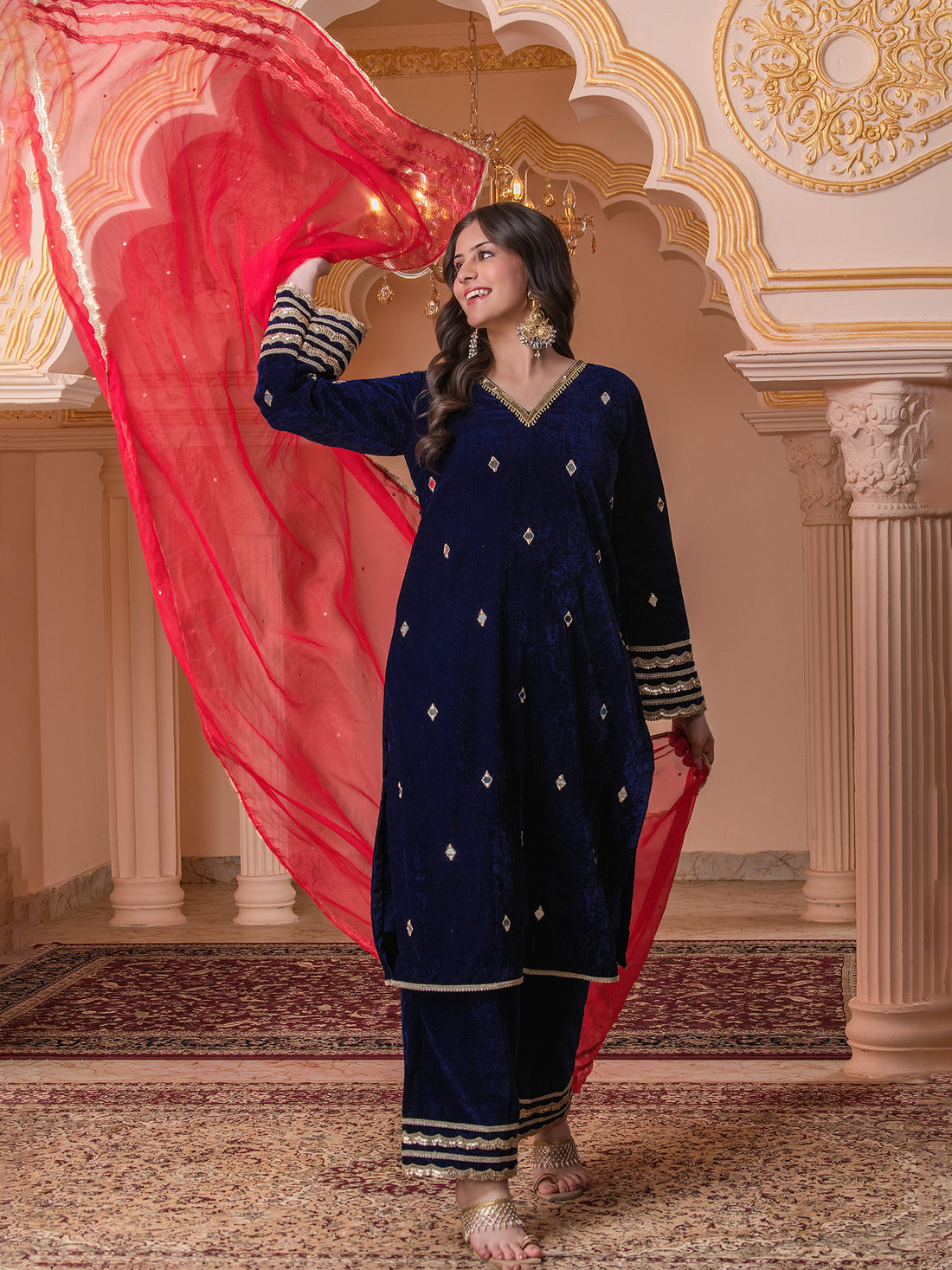 Navy blue Mirror work Velvet Suit Set