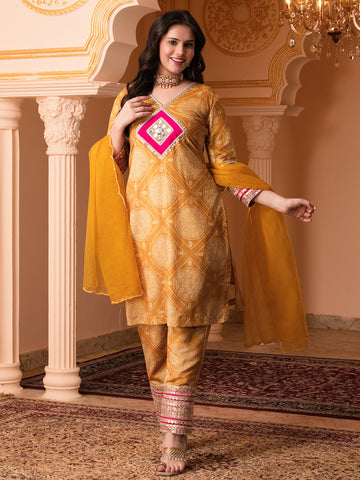 Golden Velvet Bandhani print Hand Embroidered  Suit Set