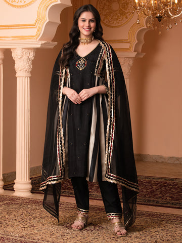 Stripes Affaire Black Hand Embroidered A Shape Suit Set