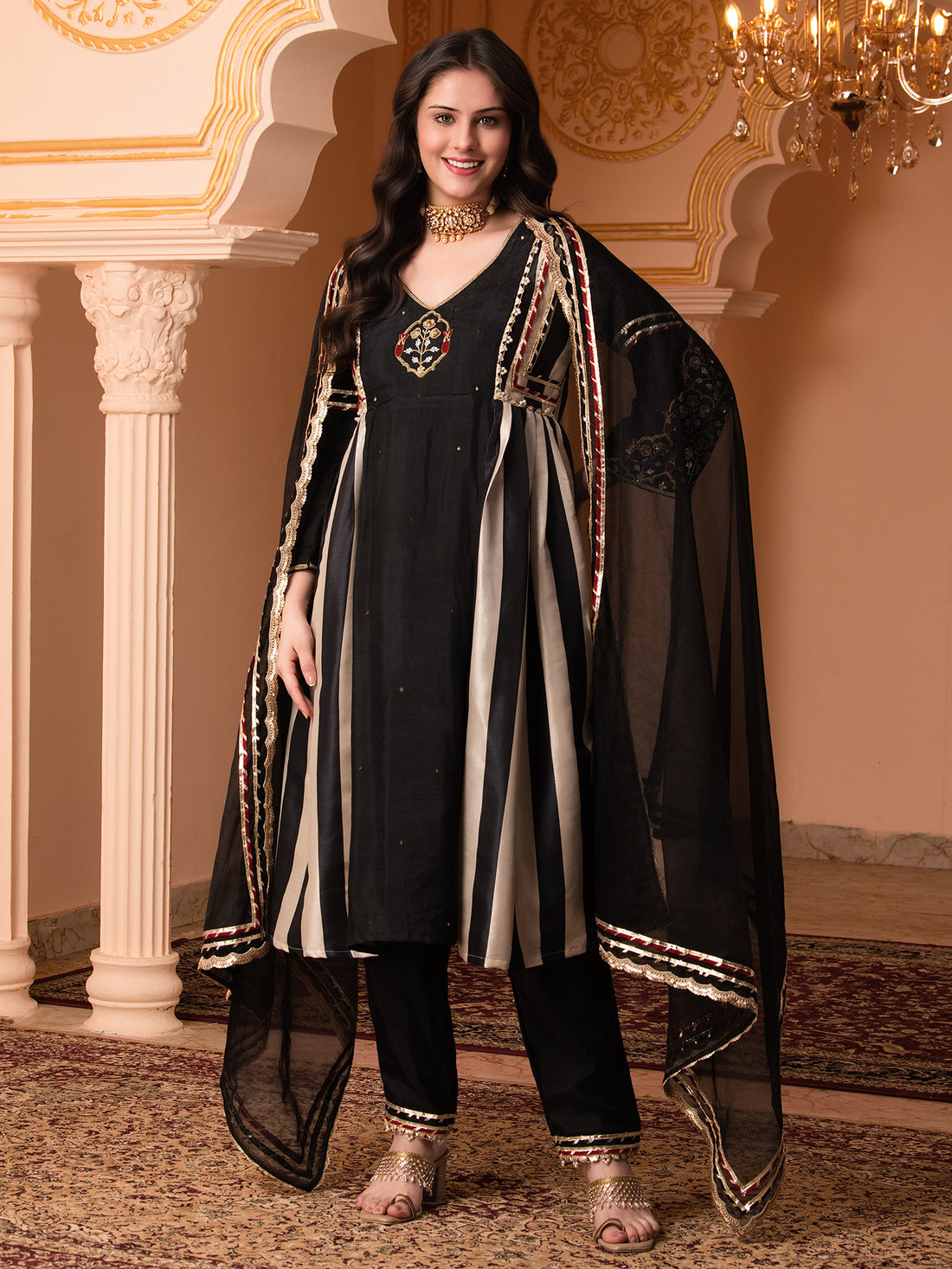 Stripes Affaire Black Hand Embroidered A Shape Suit Set