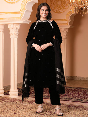 Black Velvet A line Hand Embroidered  Suit Set