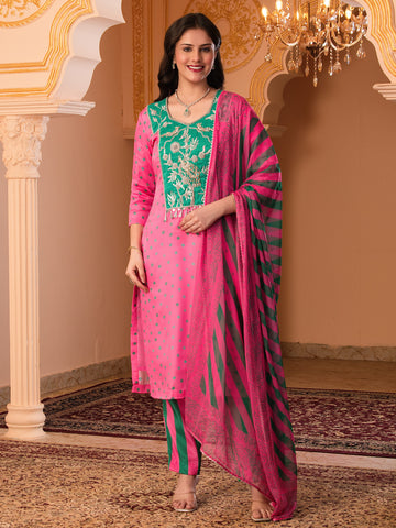 Peacock's Paradise Pink Hand Embroidered Silk crepe Suit set