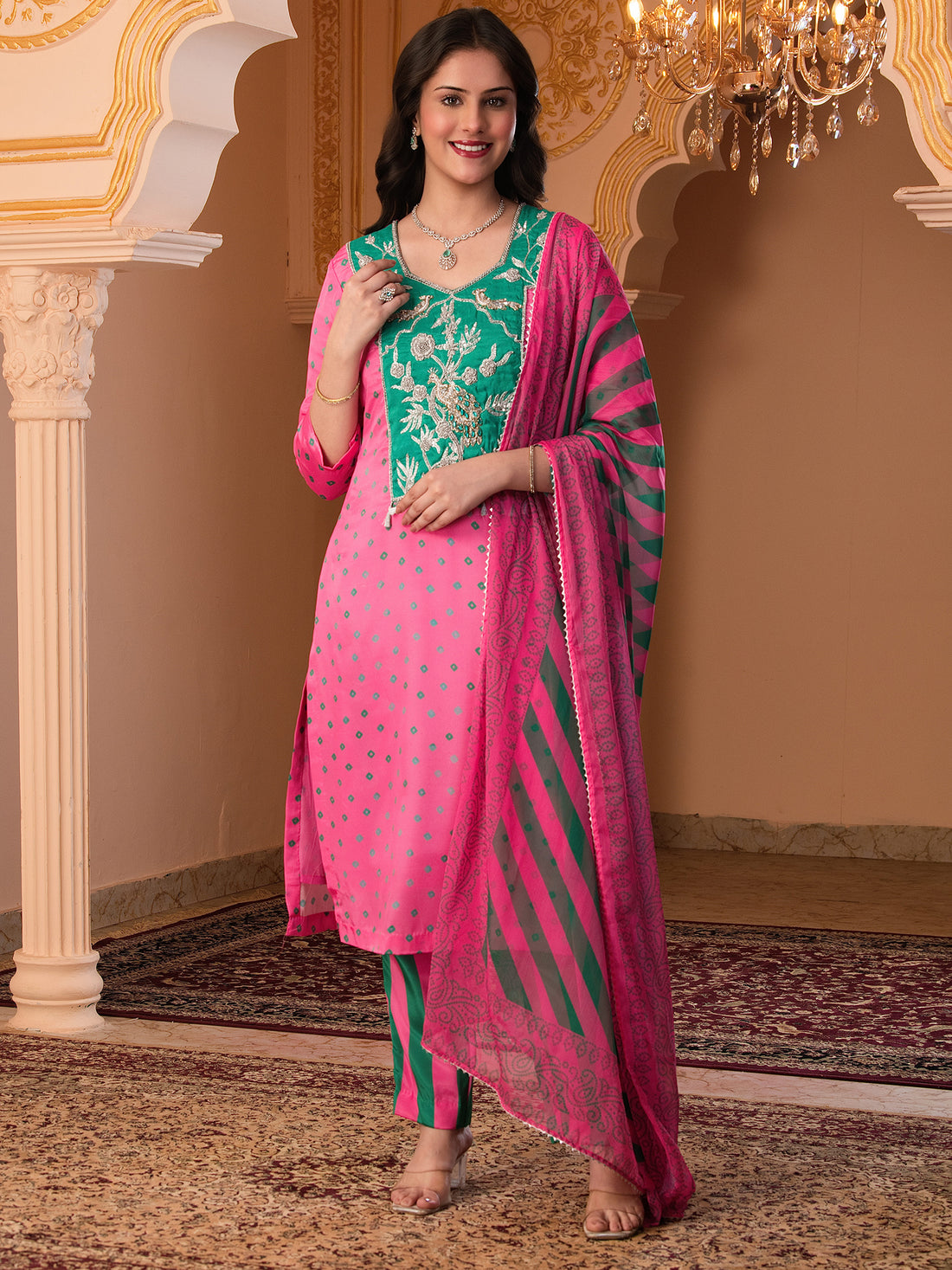 Peacock's Paradise Pink Hand Embroidered Silk crepe Suit set