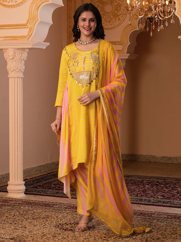 Swan's Paradise Yellow Hand Embroidered Silk crepe Suit Set