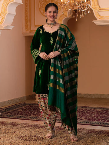 Bottle green velvet & Tusser silk hand embroidery Suit