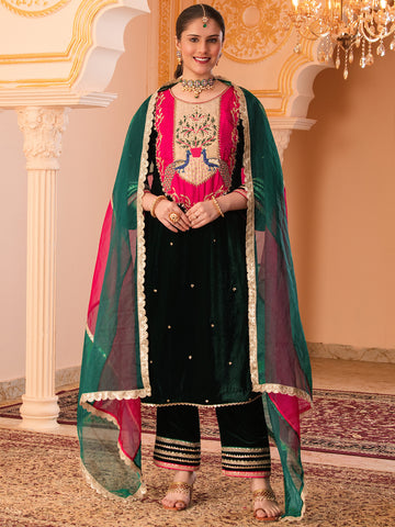 Bottle Green Velvet Hand Embroidered Suit Set