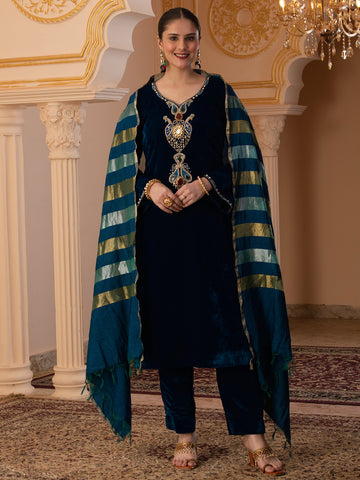 Peacock Blue Velvet Hand Embroidered  Suit Set