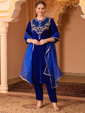 Royal blue Velvet Hand Embroidered Suit Set