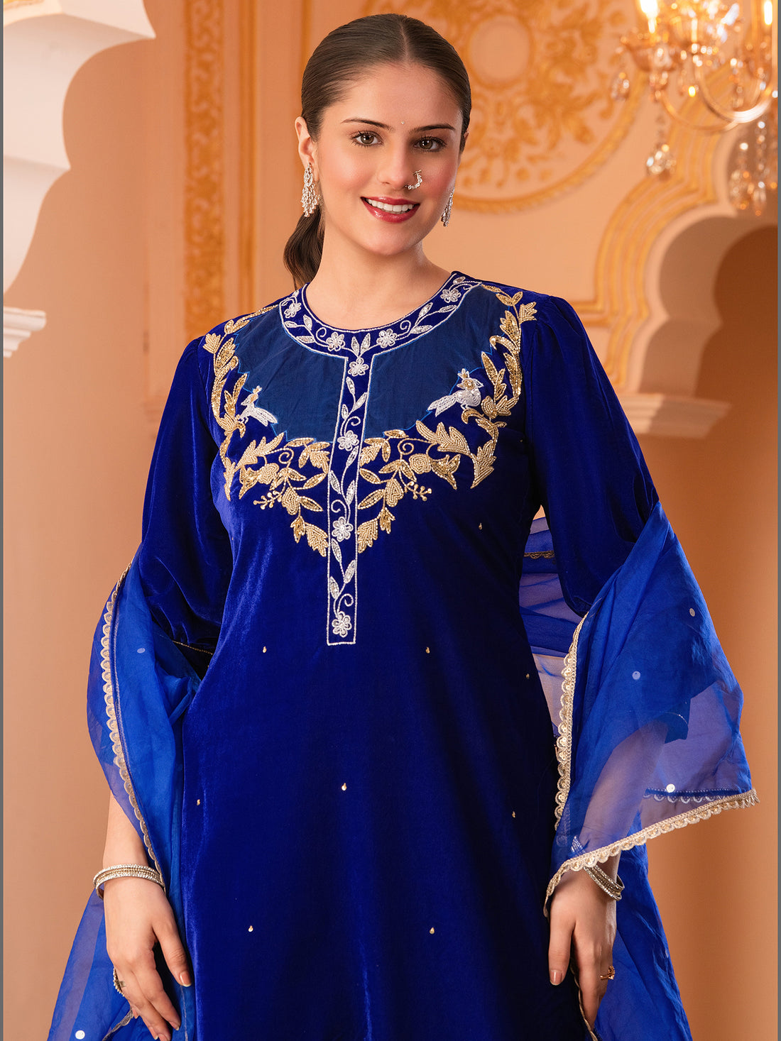 Royal blue Velvet Hand Embroidered Suit Set