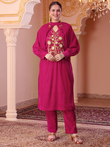 Hot pink velvet hand embroidery Suit with cape