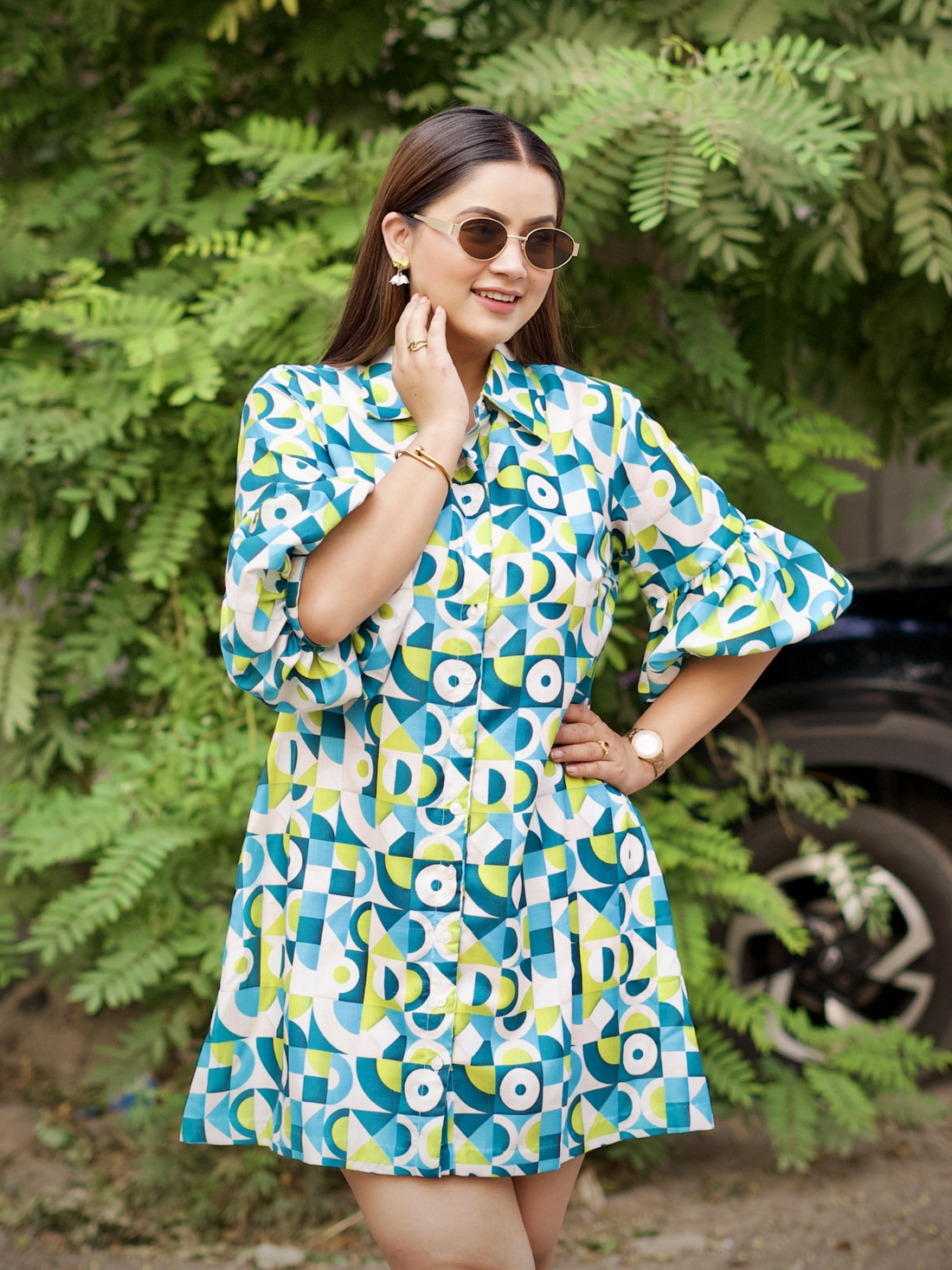 Linen Sweenie Greenie Abstract Print Shirt Dress