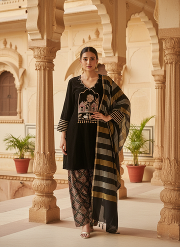 Black Velvet with Bandhani Print Tusser Silk Bottom Hand Embroidered Suit Set