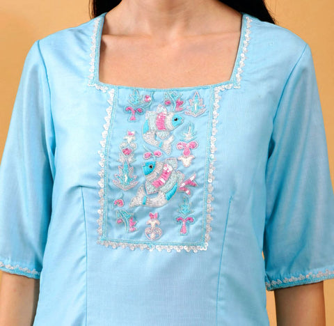 Cecilia Sky Blue Linen Hand Embroidered 3 Piece Suit Set