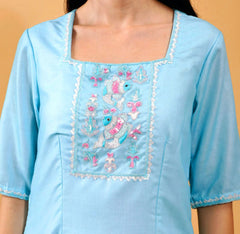 Cotton Linen 3 Pc Suit Set Cecilia Sky Blue With Hand Embroidered