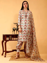 Vedika Beige Pichwai Print Hand Embroidered 3 Piece Suit Set