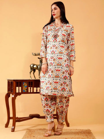 Vedika Beige Pichwai Print Hand Embroidered 3 Piece Suit Set