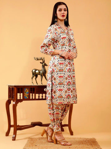 Vedika Beige Pichwai Print Hand Embroidered 3 Piece Suit Set