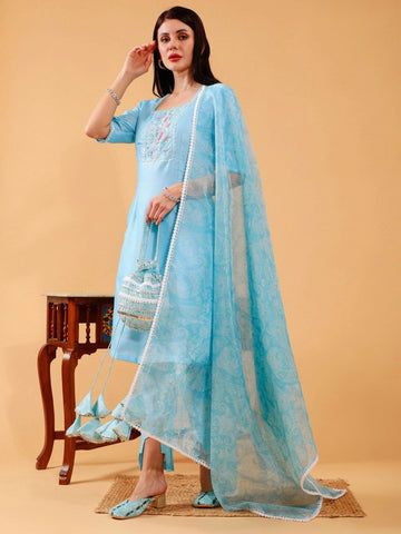 Cecilia Sky Blue Linen Hand Embroidered 3 Piece Suit Set