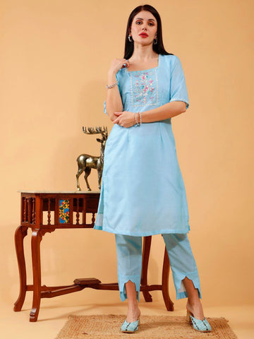 Cecilia Sky Blue Linen Hand Embroidered 3 Piece Suit Set