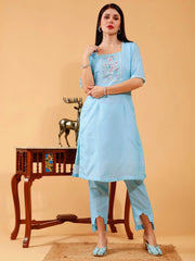 Cotton Linen 3 Pc Suit Set Cecilia Sky Blue With Hand Embroidered