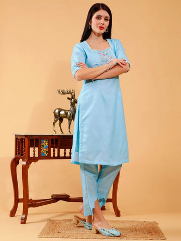 Cecilia Sky Blue Linen Hand Embroidered 3 Piece Suit Set