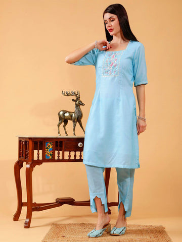 Cecilia Sky Blue Linen Hand Embroidered 3 Piece Suit Set