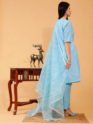 Cecilia Sky Blue Linen Hand Embroidered 3 Piece Suit Set