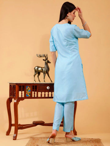 Cecilia Sky Blue Linen Hand Embroidered 3 Piece Suit Set