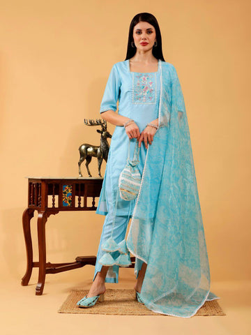 Cecilia Sky Blue Linen Hand Embroidered 3 Piece Suit Set