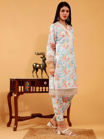 Nitya White Floral Print 3 Piece Suit Set