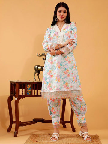 Nitya White Floral Print 3 Piece Suit Set