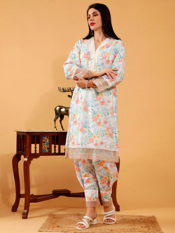 Nitya White Floral Print 3 Piece Suit Set