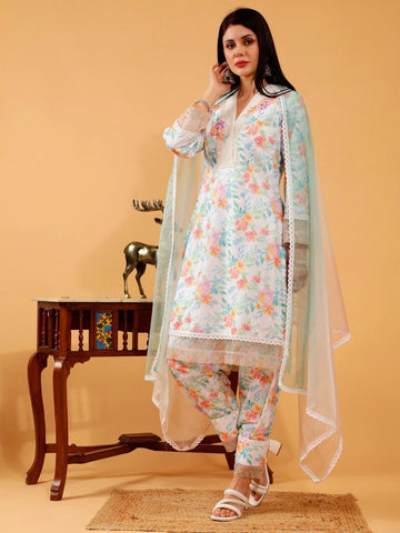 Nitya White Floral Print 3 Piece Suit Set