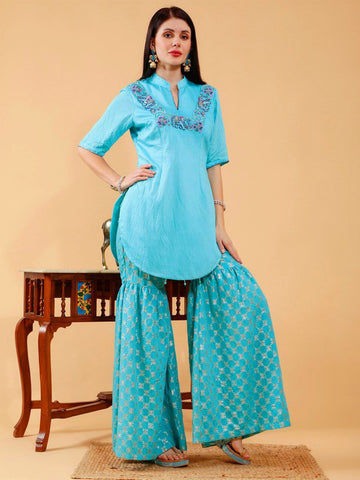 Brinda Sky Blue Hand Embroidered 3 Piece Suit Set