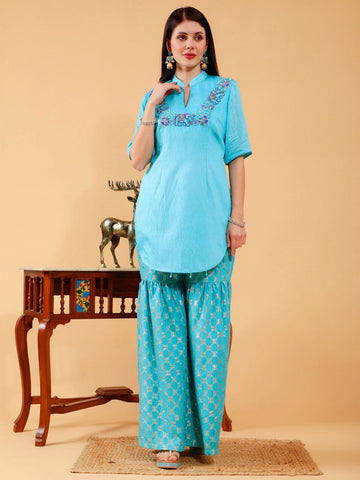 Brinda Sky Blue Hand Embroidered 3 Piece Suit Set