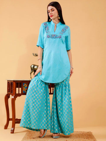 Brinda Sky Blue Hand Embroidered 3 Piece Suit Set