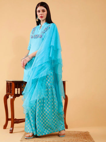 Brinda Sky Blue Hand Embroidered 3 Piece Suit Set