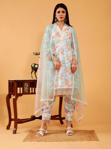 Nitya White Floral Print 3 Piece Suit Set