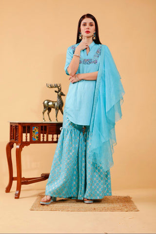 Brinda Sky Blue Hand Embroidered 3 Piece Suit Set