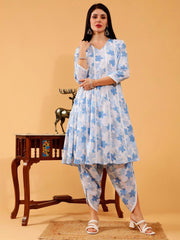 Linen 3 pc Suit set in Jaya Blue Floral Print