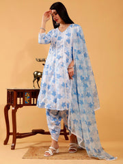 Linen 3 pc Suit set in Jaya Blue Floral Print