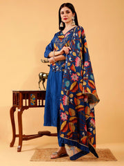 Silk 3 Pc Suit Set in Benika Blue Printed with Hand Embroidered