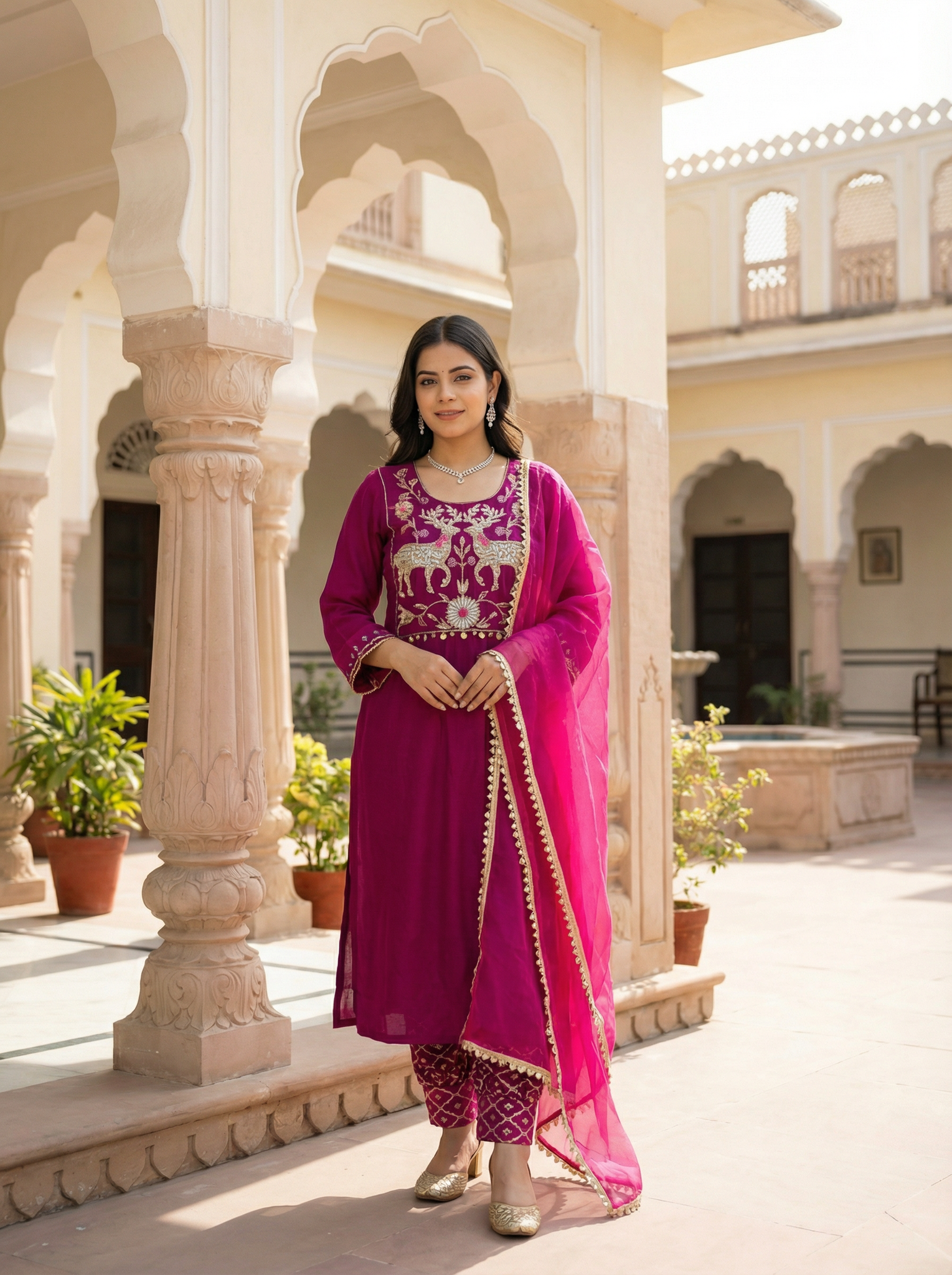 Merry Go Deer Wine A Line Velvet Embroidered Suit